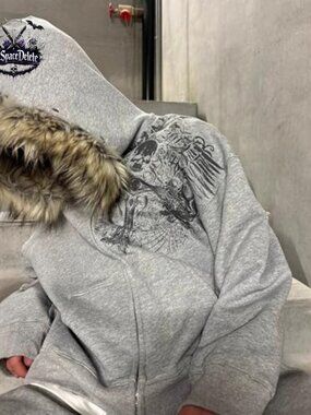 Oversized Zip Up Hoodie with Faux Fur Hood, Graphic Sweatshirt, Grunge